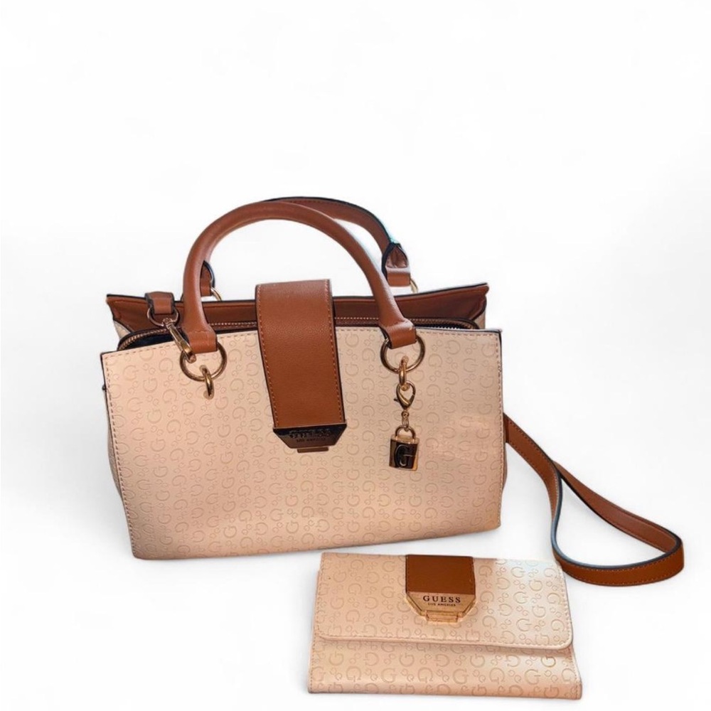 GUESS Beige Signature Satchel with Brown Trim and Wallet